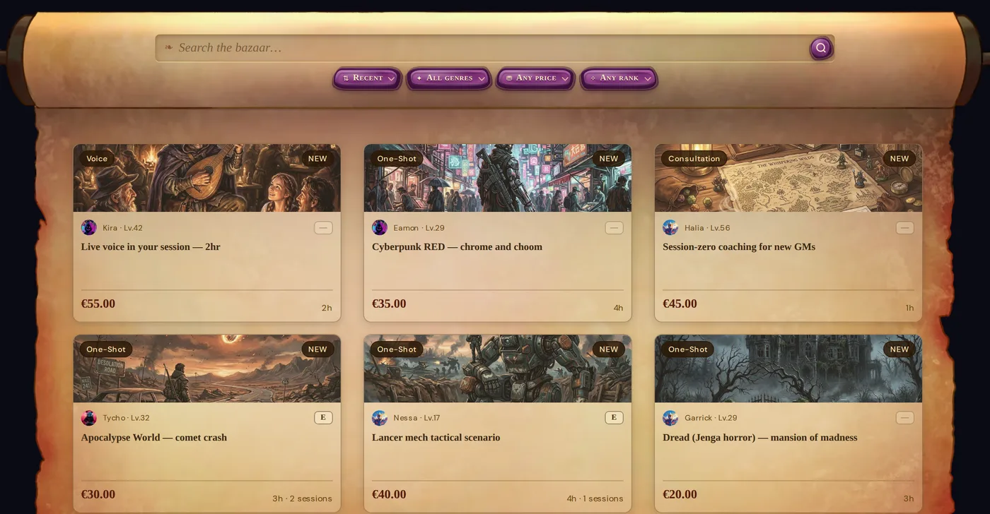 The Bazaar: roleplay services on an illustrated parchment scroll — voice sessions, one-shots and coaching, each with its seller and price.