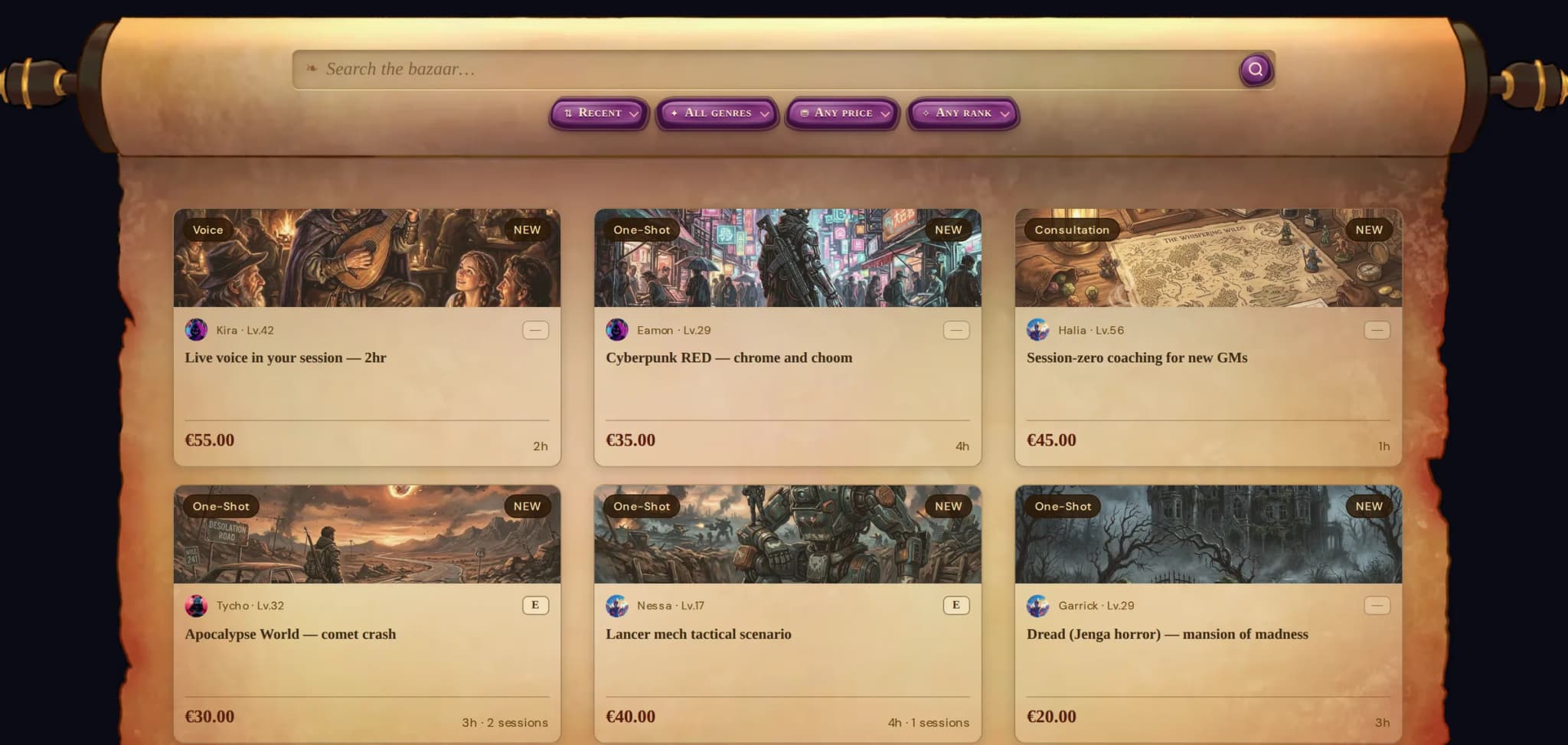The RPLudus marketplace: a browsable scroll of roleplay services — voice acting, one-shots and consultations — each listing showing its seller and price.