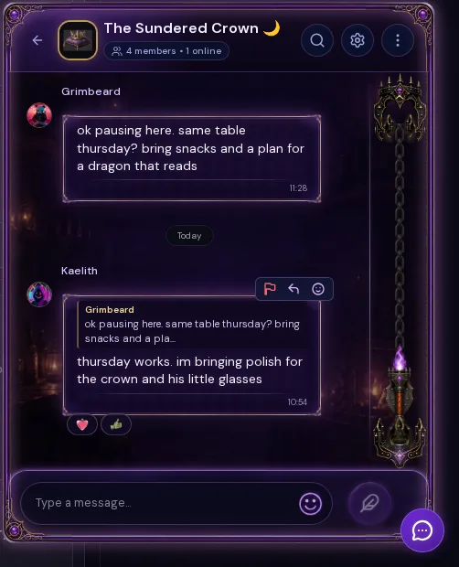 A gothic-framed RPLudus group chat, “The Sundered Crown”: a game master narrates a dragon encounter while players react in character.
