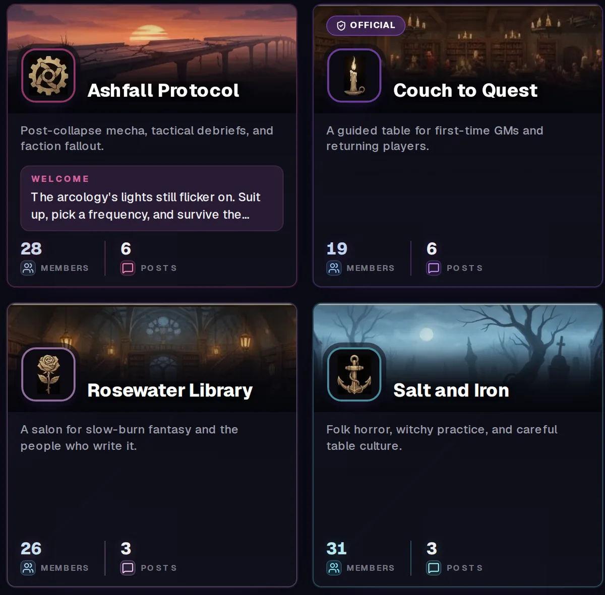 The RPLudus Community Hub: a grid of roleplay communities — mecha, folk horror, slow-burn fantasy — each with its own welcome message.
